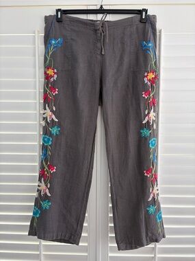 Johnny Was Embroidered Linen Wide Leg Pant